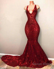 Red Sequins Shiny V-Neck Mermaid Long Prom Dresses