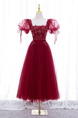 Burgundy Short Sleeve Tulle Tea Length Prom Dresses, A-Line Party Dresses