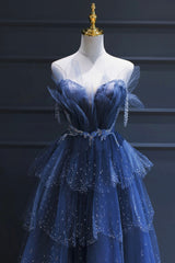 Blue Tulle Beaded Long Senior Prom Dresses, A-Line Blue Formal Dresses