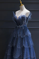 Blue Tulle Beaded Long Senior Prom Dresses, A-Line Blue Formal Dresses