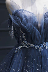 Blue Tulle Beaded Long Senior Prom Dresses, A-Line Blue Formal Dresses