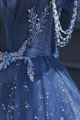 Blue Tulle Beaded Long Senior Prom Dresses, A-Line Blue Formal Dresses