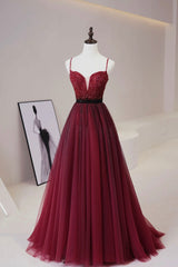 Burgundy Tulle Beaded Long Prom Dresses, A-Line Spaghetti Strap Evening Dresses