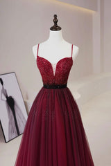 Burgundy Tulle Beaded Long Prom Dresses, A-Line Spaghetti Strap Evening Dresses