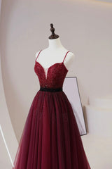 Burgundy Tulle Beaded Long Prom Dresses, A-Line Spaghetti Strap Evening Dresses