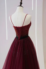 Burgundy Tulle Beaded Long Prom Dresses, A-Line Spaghetti Strap Evening Dresses