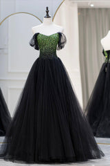 Black Tulle Long A-Line Prom Dresses, Black Evening Dresses with Green Beaded