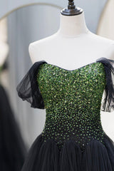 Black Tulle Long A-Line Prom Dresses, Black Evening Dresses with Green Beaded