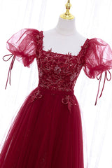 Burgundy Short Sleeve Tulle Tea Length Prom Dresses, A-Line Party Dresses