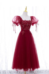 Burgundy Short Sleeve Tulle Tea Length Prom Dresses, A-Line Party Dresses