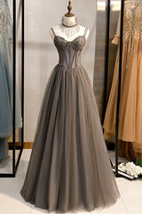 Gray Tulle Spaghetti Strap Long Prom Dresses, A-Line Evening Dresses