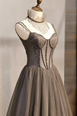 Gray Tulle Spaghetti Strap Long Prom Dresses, A-Line Evening Dresses