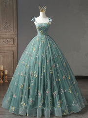 A-Line Green Tulle Lace Long Prom Dresses, Green Formal Evening Dresses