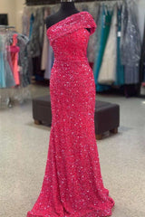 Hot Pink Sequin One-Shoulder Mermaid Long Prom Dresses