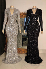 Glitter Long V-neck Sequined Floor Length Mermaid Prom Dresses with Sleeves