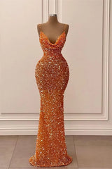 Orange V-Neck Spaghetti-Straps Mermaid Long Prom Dress With Sequins