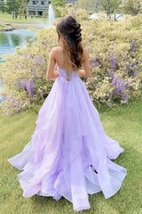 Princess Lavender Tiered Spaghetti Straps Long Prom Dresses