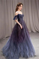 A-line Dark Purple Ombre Tulle Evening Party Dresses Long Prom Dresses