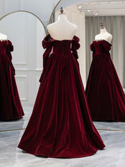 A-Line Long Sleeves Velvet Burgundy Long Prom Dresses, Burgundy Long Evening Dresses with Beads