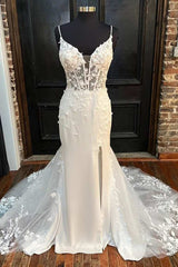 White Floral Lace Plunge V Mermaid Long Wedding Dresses