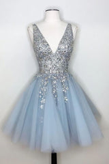 V Neck Light Sky Blue Homecoming Dresses With Sequins 5933