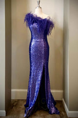 Purple Sequin Feather One-Shoulder Long Formal Dresses with Slit