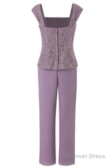 Three-Piece Mauve Square Neck Mother of the Bride Pant Suits