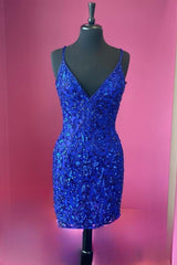 Royal Blue Sequins Deep V Neck Straps Sheath Homcoming Dresses