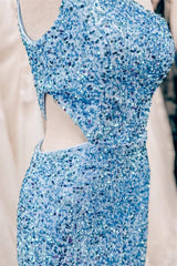 Sky Blue One Shoulder Sequins Sheath Cut-Out Homecoming Dresses