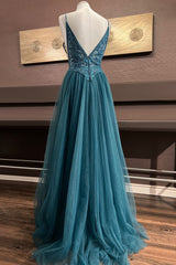 Pine A-line Plunging V Neck Appliques Sequins Tulle Long Prom Dresses