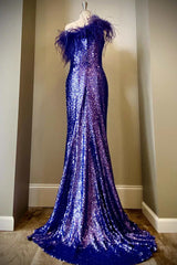 Purple Sequin Feather One-Shoulder Long Formal Dresses with Slit