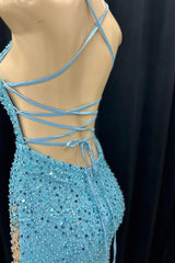 Blue Mermaid Sequins V Neck Lace-Up Back Long Prom Dresses with Slit