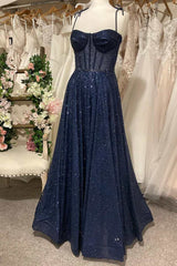 Sparkly Navy Blue Sequin Prom Dresses, Shiny Long Lace Prom Dresses