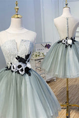 Princess Light Green Flower Sheer Back A-Line Short Party Dresses