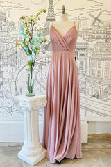 Pink V Neck Spaghetti Straps Pleated Chiffon Long Bridesmaid Dresses