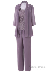 Three-Piece Mauve Square Neck Mother of the Bride Pant Suits