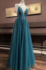 Pine A-line Plunging V Neck Appliques Sequins Tulle Long Prom Dresses