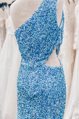 Sky Blue One Shoulder Sequins Sheath Cut-Out Homecoming Dresses