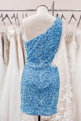 Sky Blue One Shoulder Sequins Sheath Cut-Out Homecoming Dresses