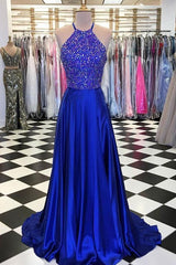 blue a line beads long prom Dresses blue evening Dresses