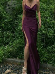 Grape Long Prom Dresses with High Slit Evening Party Dresses