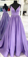 Stropper v hals satin maxi prom kjole lavendel formel aftenkjole