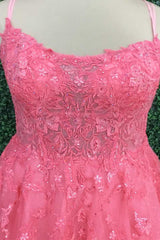 Hot Pink Floral Lace Backless A-Line Prom Dresses