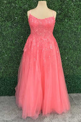 Hot Pink Floral Lace Backless A-Line Prom Dresses