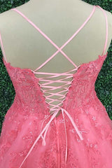 Hot Pink Floral Lace Backless A-Line Prom Dresses