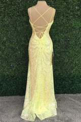 Yellow Sequin V-Neck Lace-Up Back Long Prom Dresses with Slit