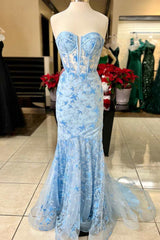 Light Blue Lace Sweetheart Trumpet Long Prom Dresses