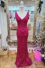 Magenta Sequin V-Neck Mermaid Long Prom Dresses