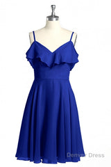 Royal Blue Spaghetti Straps Ruffled A-Line Short Bridesmaid Dress