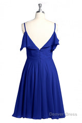 Royal Blue Spaghetti Straps Ruffled A-Line Short Bridesmaid Dress